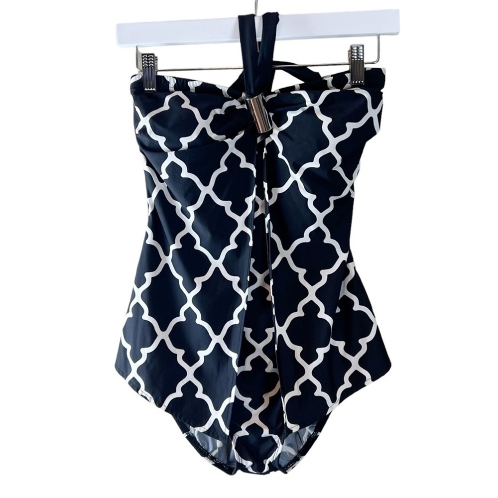 Tara Grinna Womens Black White Quatrefoil Halter One Piece Swim Dress Size 8 USA